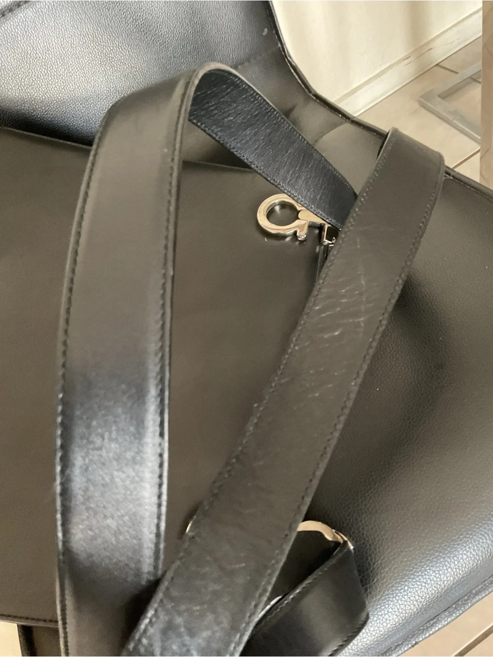 Salvatore Ferragamo Black Leather Messenger with Signature Gancini Hardware